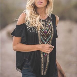 Free People Cold Shoulder embroidered top